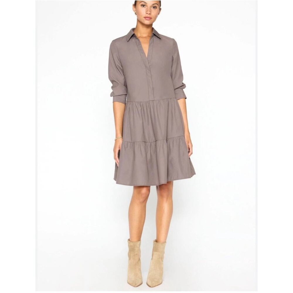 Brochu Walker Gray Casual Shirt Dress with Cuffed Sleeves and Notched Collar